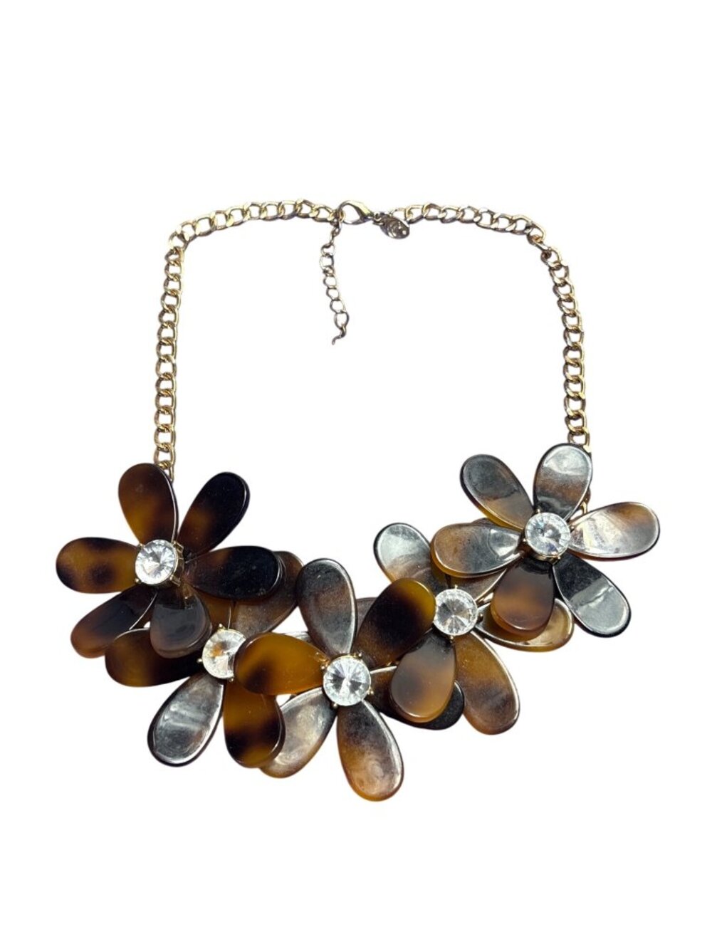 Charming Charlie Acrylic Faux Tortoiseshell Flower Bib Necklace Rhinestones